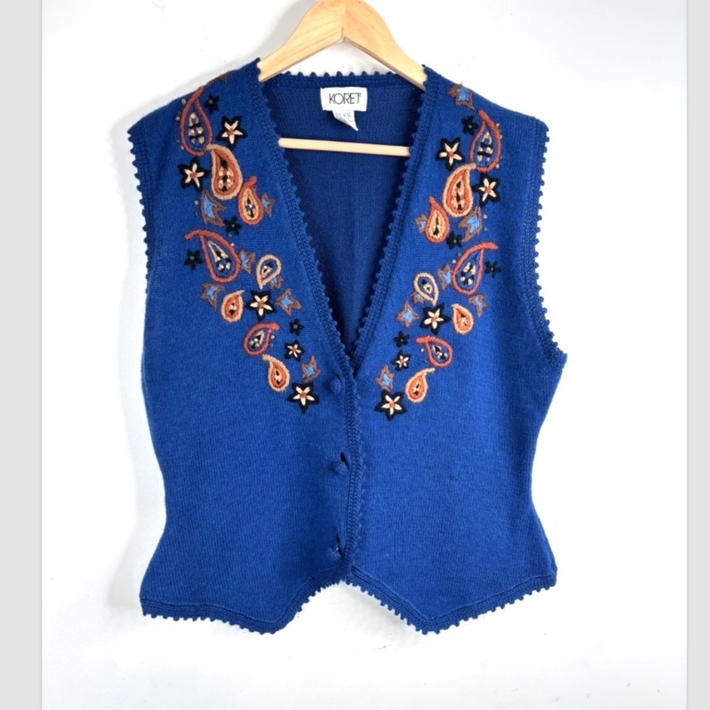 VTG 90s Embroidered Sweater Vest L Cottage Granny Boho Retro Academia Floral 70s